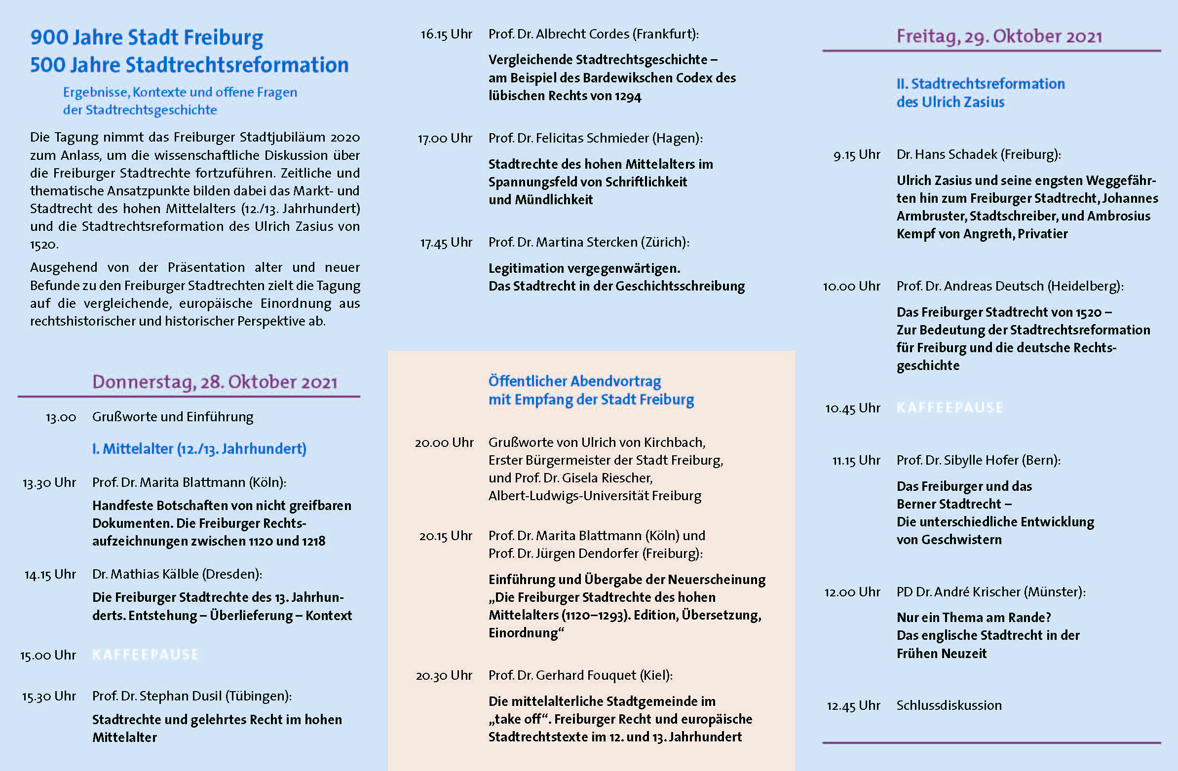 Programm Tagung 900 Jahre Stadt Freiburg